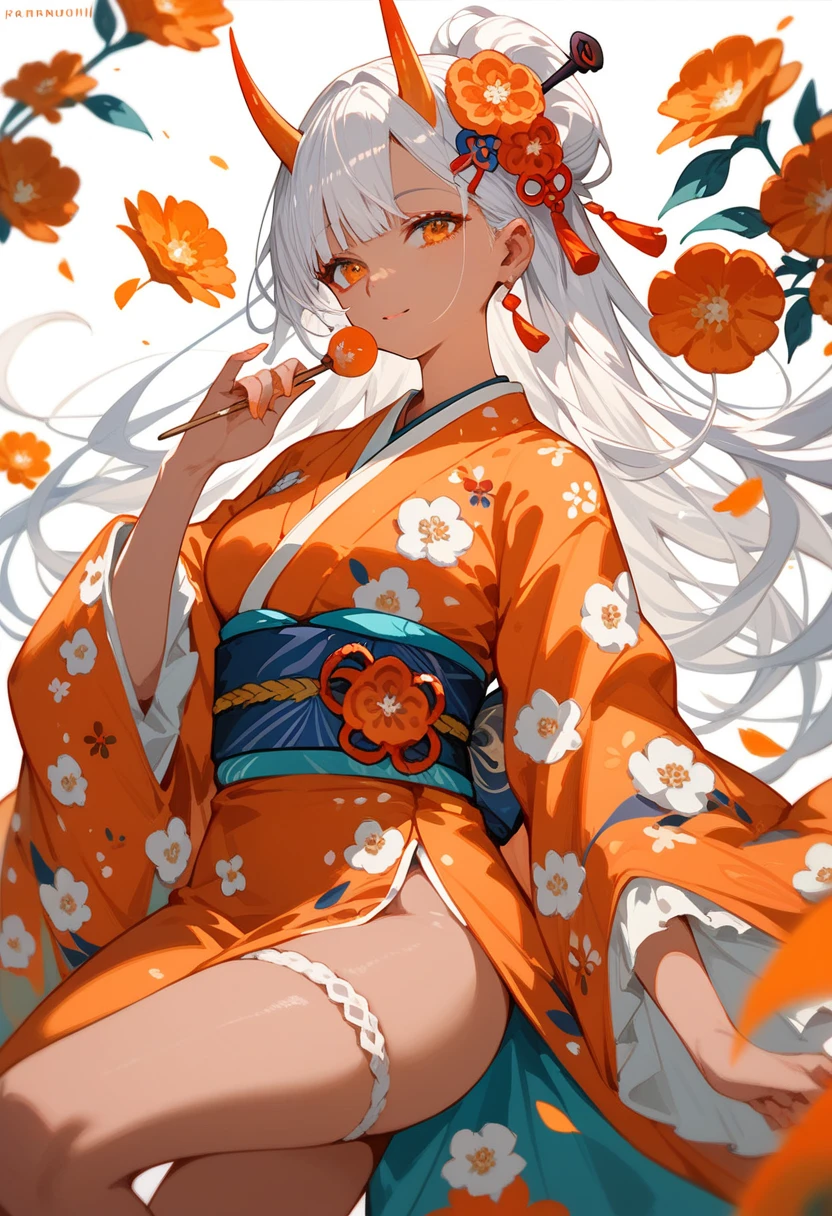 girl,Long hair,I gathered,There is a hairpin ,White hair,Tanned, wearing an orange floral kimono,In the orange eyes,Have horns, Medium Breasted,beautiful,