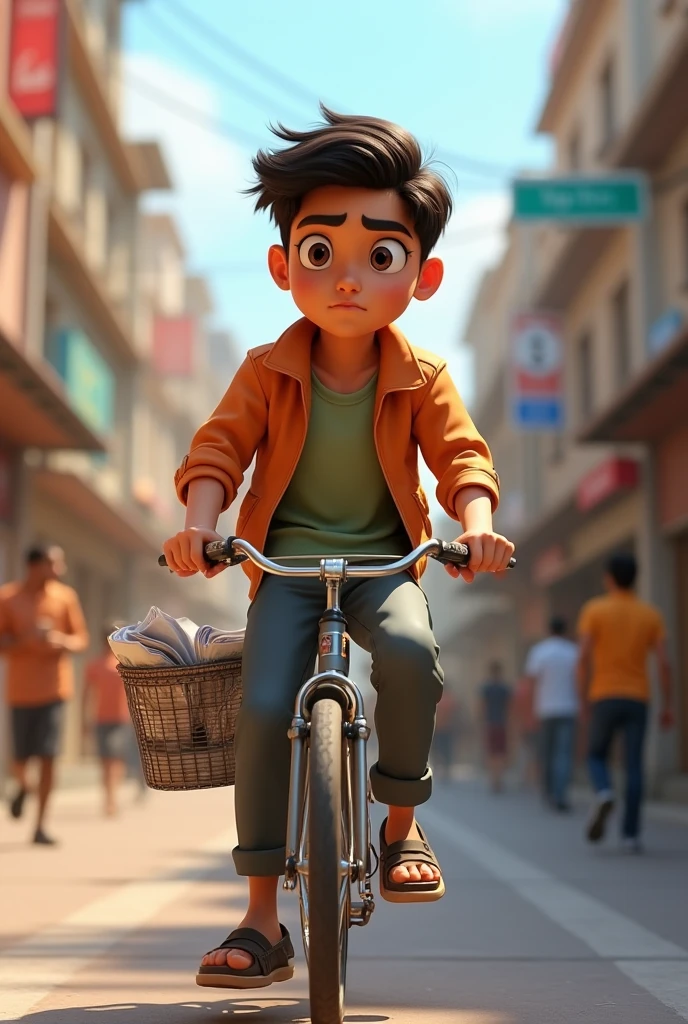 A boy of 14 year riding on the bike write Azhar on his dress