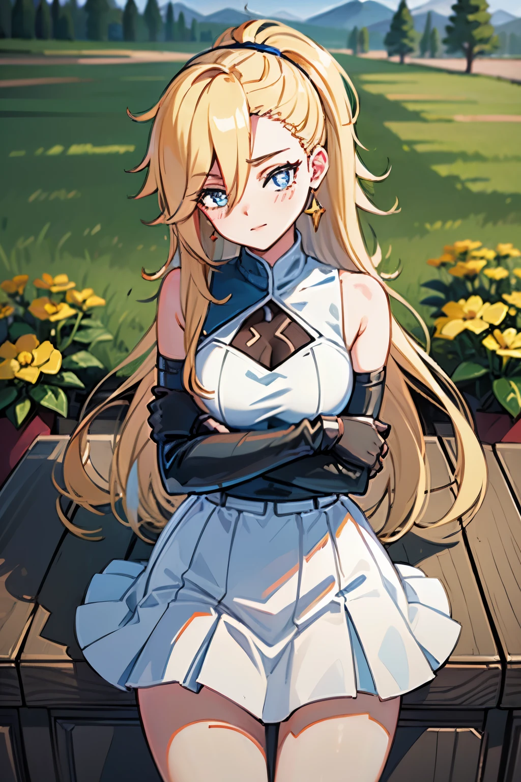 Edelgard FE, hair between eyes, ahoge, blonde hair, star \(symbol\), hair ornament, ruffled tulle dress, cleavage, bare shoulders, collarbone, long black elbow gloves, black gloves, black dress, black choker, strapless, tiara, veil, strapless dress, princess dress, veil, beautiful woman, perfect body, perfect breasts, wearing a princess dress, ball gown, in the park trees, wedding decorations, a warm smile, realism, masterpiece, textured skin, super detail, high detail, high quality, best quality, 1080p, 16k