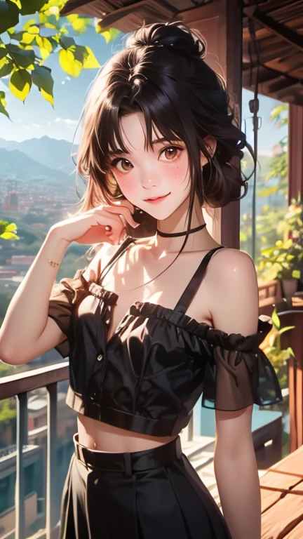 A 23-year-old Thai young woman stands on a balcony's edge, The unbuttoned shirt falls open, her partially buttoned large white shirt framing her beautiful skin as she gazes out at the breathtaking scenery below. Off the shoulder, Brown eyes, her cute face beams with a warm smile, holding a red coffee cup and looking directly into camera. The high-contrast lighting accentuates her features, while the sharp focus captures every detail of her delicate features against the vibrant colors of the cityscape or lush greenery blending harmoniously in the background.