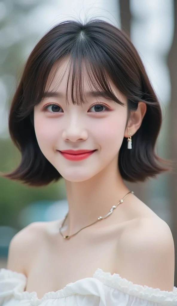 （best qualtiy，8k，tmasterpiece：1.3）vivd colour，1 Korean girl，portrait photo of an，Sweet and cute，An expression of happiness，short detailed hair，choker necklace，attractive collarbone，unique connotation，Facial features up close，The background is blurred out