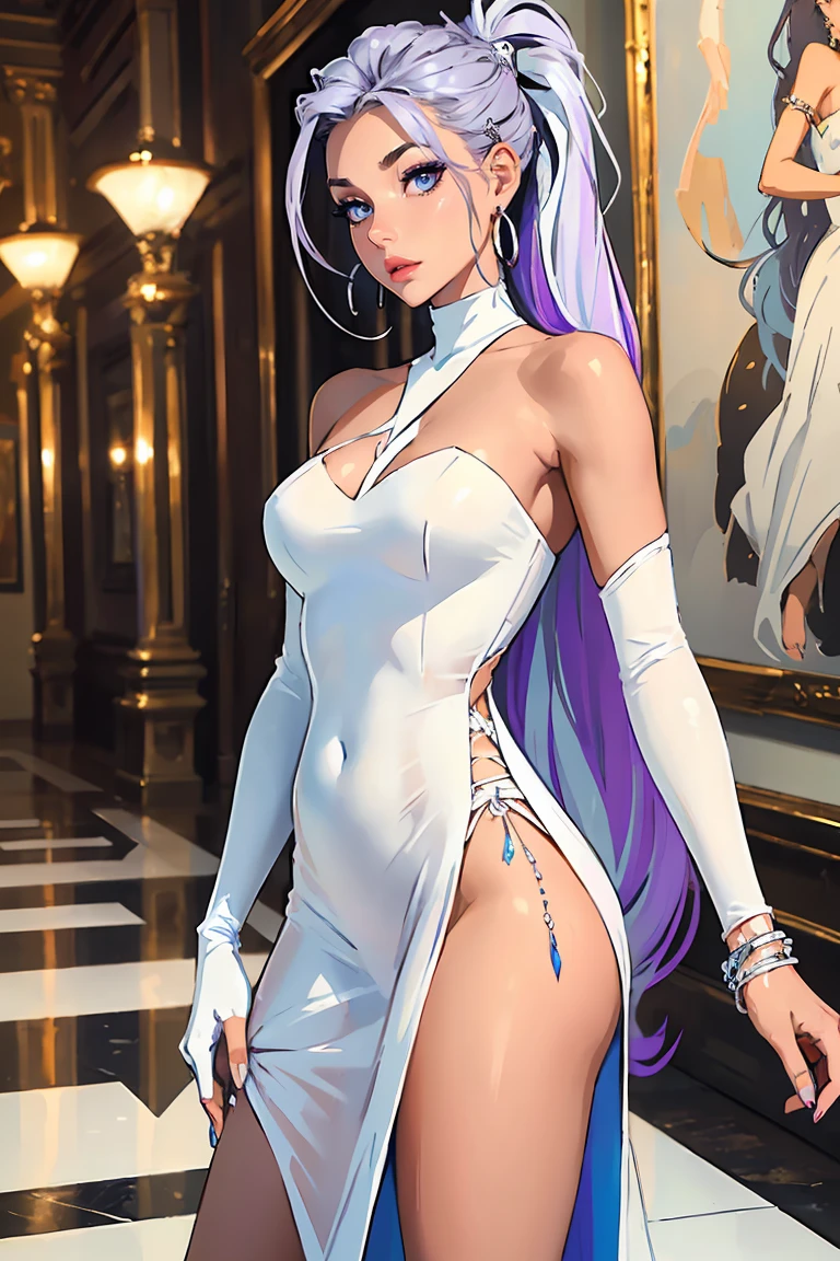 Goddess ((goddess-like woman)), slim elegant silhouette, masterpiece, (close angle), best quality, sweet face, (masterpiece:1,2, best quality), (real picture, intricate details), (1 lady , solo, medium , slim waistline, ), (blue eyes, silver purple hair, multicolored hair, white streaks, long hair:1.2) she has an impressive presence,  very high ponytail, bracelet, hoop earrings, beautiful face, beautiful eyes, she Wears a Sheer Skin & White Dress, sh33rsk1ng0wn,bare shoulders,white and tan dress,strapless dress, Sheer skin dress, high heels, Background: Large hall, it is in an art gallery. White turn with modern art,