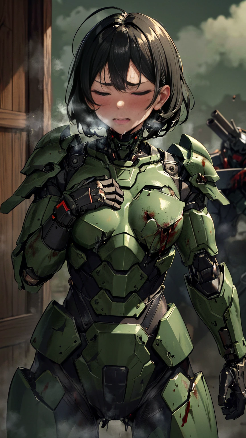 ,   very detailed ,   Graveyard Details   ,  High image quality , 最 High image quality ,   kampala, 1080P 、  Smoke from the Wound が出ている  　green armor、 wrecked war machine steam comes out of her whole body  、cute((全身のSerious damage))( Severely injured woman ...) Blood spurts out of the wound )   black hair, a serious condition that is dying　 Damage 　  Shorthair　Stripped Armor 　 armor on one shoulder removed 　 wet hair  、 Open Your Mouth 、(  steam from the body  が上がる)Sweaty face　Serious damage、、Dripping saliva、　(  Steam is Coming Out of Your Face  ) ((  steam from the body  ))   eyes closed and in pain 　defeat　 Smoke from the Wound 　Overall tattered armor 　(Bright classroom)