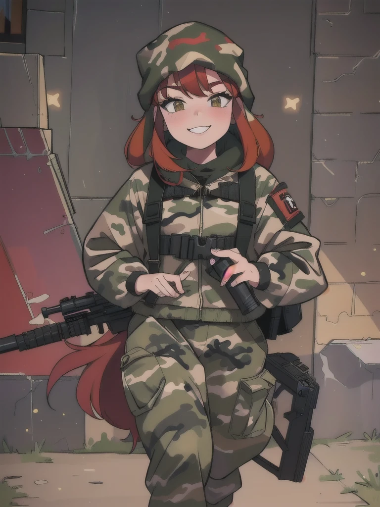 girl with smile and red hair,  with a camouflage jacket, tactical backpack, camouflage balaclava, camouflage pants and army boots, In the night he walks through the village