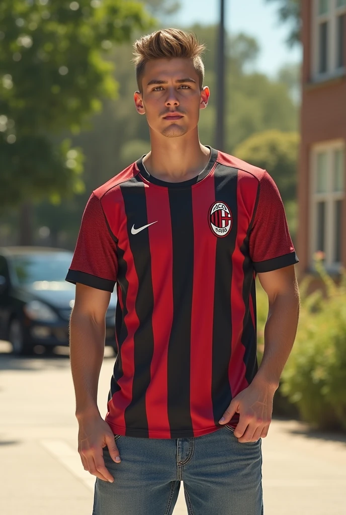 A 16-year-old male, slightly tanned skin, slightly messy light brown hair, green eyes, athletic body, red shirt, black cause, teenage appearance