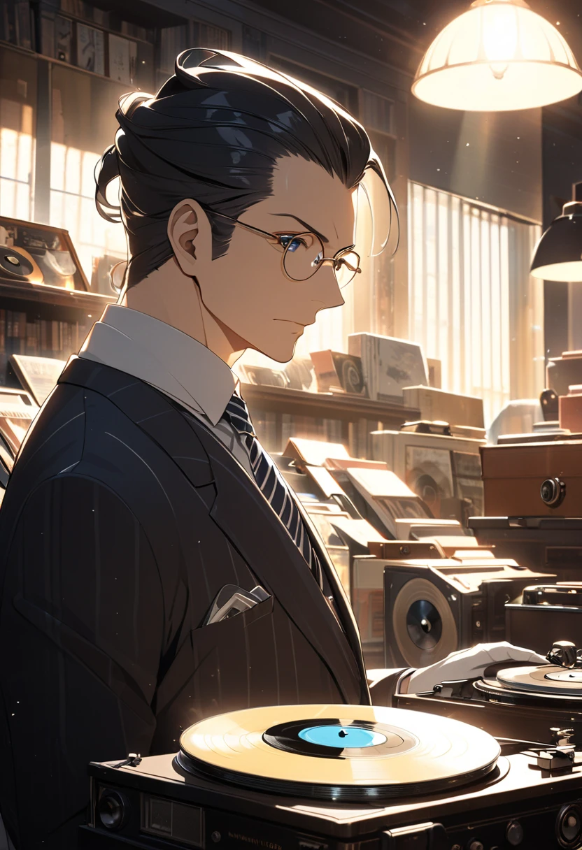 Man with slicked back hair,Mikage Seiya, Alien Life Information Section Chief  , handsome and dandy middle-aged man with black hair all back , The man wears square rimmed glasses  ,  Wearing a Suit and White Forensics Gloves on His Hands  ,  striped tie , Calm and composed expression ,  Intellectual Adult Atmosphere  , Black Rin 々I'm staring at the record player with close eyes ,  Body with Wide Shoulders  , Hairstyle：All back hairstyle with hair pulled back, Alone ,Vintage record player placed in an antique store  , It's illuminated by the sunlight shining into the store((light filter effect , backlight magic effect)) ,  nostalgic ,  EMOTIONAL 