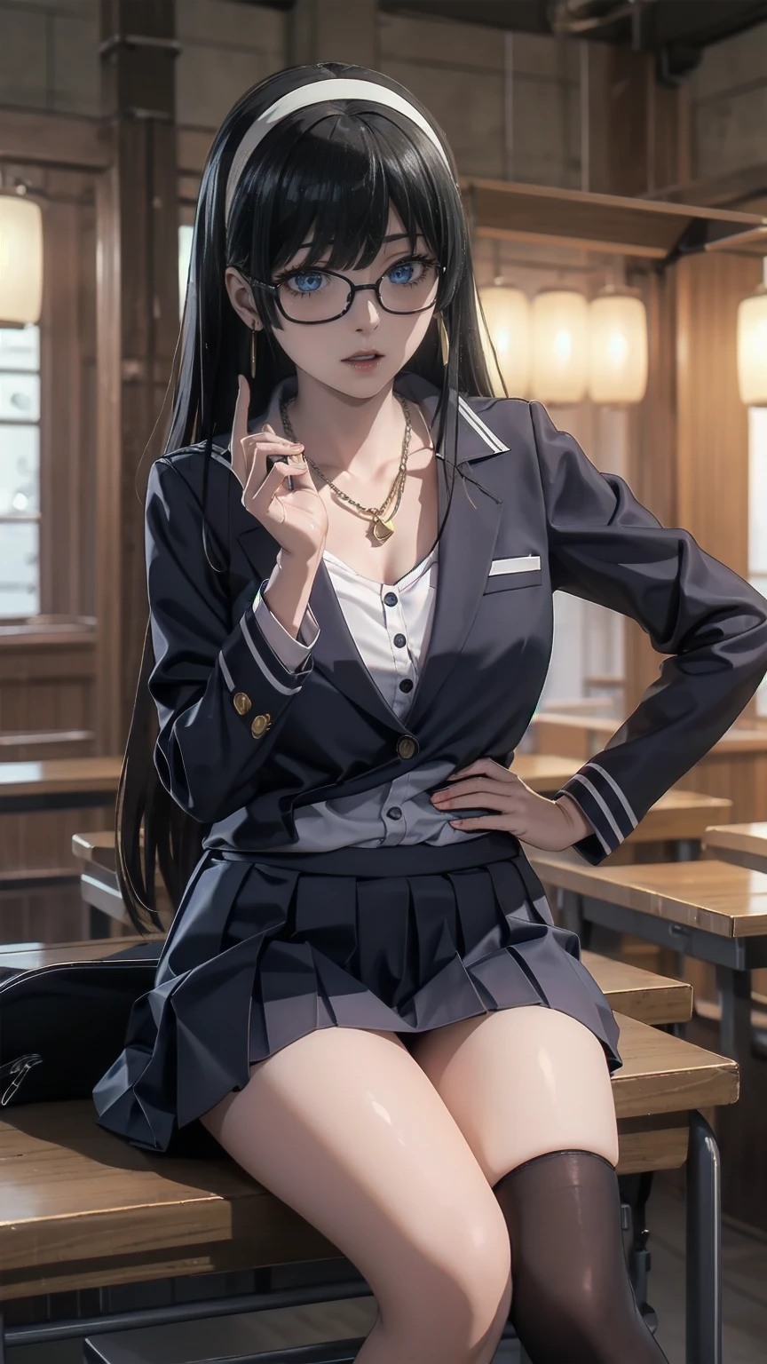 ,School classroom background.Intellectual beauty,  Ivory Shiny Silky Slightly Disheveled Wavy Half Up,  hair clips, compensate, Grace, dignity,  Attractive blue eyes, Glasses, Laugh like a mischievous ,  happy , shy, Curvaceous,  Wearing a Black Business Suit and Miniskirt , Open-collar white shirt,  earrings for a woman alone,  Necklaces ,  Sitting in the Break Room Relaxing , BREAK Various effects,  Delicate and Dynamic Textures ,  light and dark contrast , 2.5D,  Artistic Photo ,  surreal,  Digital Graphic CG , Break Super Details, Absolute determination,  best quality
