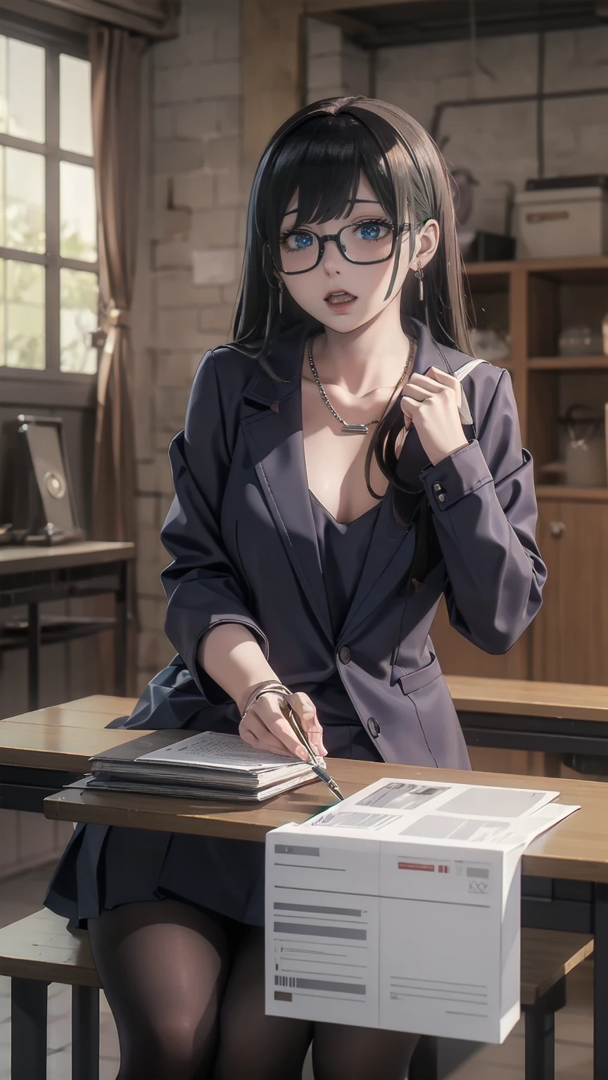 ,School classroom background.Intellectual beauty,  Ivory Shiny Silky Slightly Disheveled Wavy Half Up,  hair clips, compensate, Grace, dignity,  Attractive blue eyes, Glasses, Laugh like a mischievous ,  happy , shy, Curvaceous,  Wearing a Black Business Suit and Miniskirt , Open-collar white shirt,  earrings for a woman alone,  Necklaces ,  Sitting in the Break Room Relaxing , BREAK Various effects,  Delicate and Dynamic Textures ,  light and dark contrast , 2.5D,  Artistic Photo ,  surreal,  Digital Graphic CG , Break Super Details, Absolute determination,  best quality
