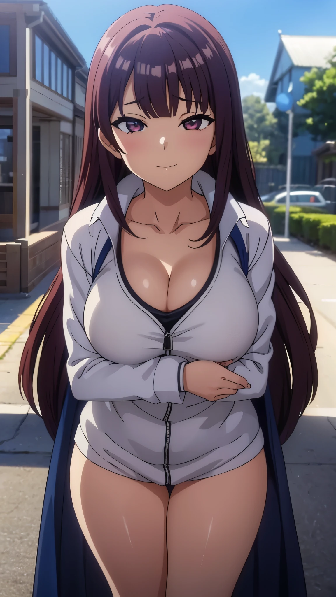 (((masterpiece))),fuyumi itadori, Anime girl characters, 1girl, solo, looking at viewer, medium hair long sleeves, cleavage, bigger breasts, closed mouth, collarbone, jacket, open clothes, open jacket, blue jacket, ground vehicle, sports bra, tall girl, horny, big ass, beautiful face,Charming,  anime visual of a cute girl, screenshot from the anime film, & her expression is solemn, ahegao face, in the anime film, in an anime, anime visual of a young woman, she has a cute expressive face, still from anime, perfect breasts, she is tall, All bodies visible, ahegao face, the face is ahegao, she is horny, A perverted face, she so perverted, she smile so perverted, hd picture, 4k quality, details of the face is so good,bigger breasts, ,change her face and make her face hd and pretty😍, make her face like nakano ichika , she is masturbating