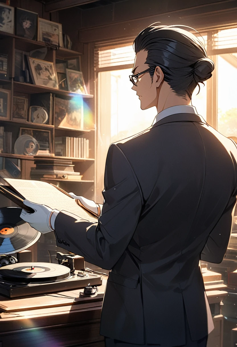 Man with slicked back hair,Mikage Seiya, Alien Life Information Section Chief  , handsome and dandy middle-aged man with black hair all back , The man wears square rimmed glasses  ,  Wearing a Suit and White Forensics Gloves on His Hands  ,  striped tie , Calm and composed expression ,  Intellectual Adult Atmosphere  , Black Rin 々I'm staring at the record player with close eyes ,  Body with Wide Shoulders  , Hairstyle：All back hairstyle with hair pulled back, Alone ,Vintage record player placed in an antique store  , It's illuminated by the sunlight shining into the store((light filter effect , backlight magic effect)) ,  nostalgic ,  EMOTIONAL 