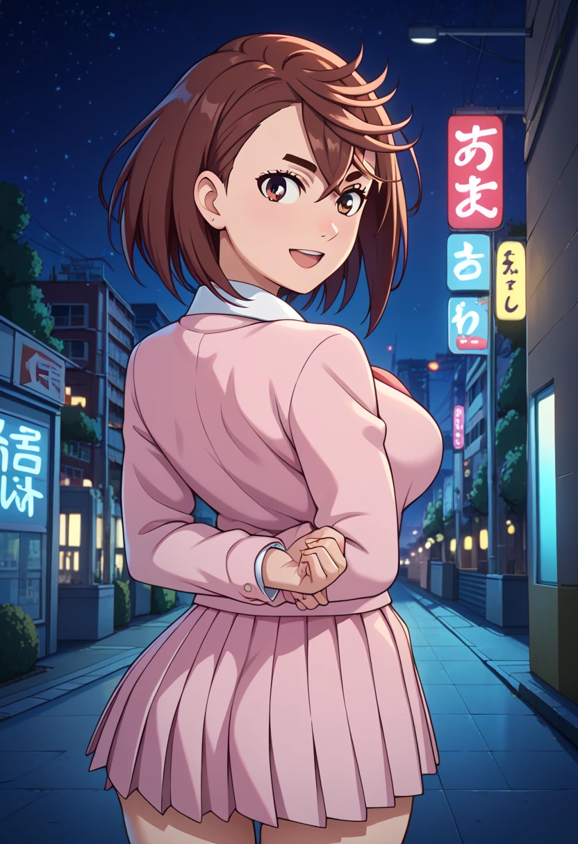 1girl, standing, arms behind back, looking back, twisted torso,
view from behind, (back view:1.2),
smile, open mouth,
(night:1.2), cityscape, skyscraper, street, starry sky, neon sign,
masterpiece,best quality,amazing quality,very aesthetic,absurdres,newest, 
BREAK
1girl,momo ayase, short hair, brown hair, brown eyes, bangs, thick eyebrows, large breasts,School uniform