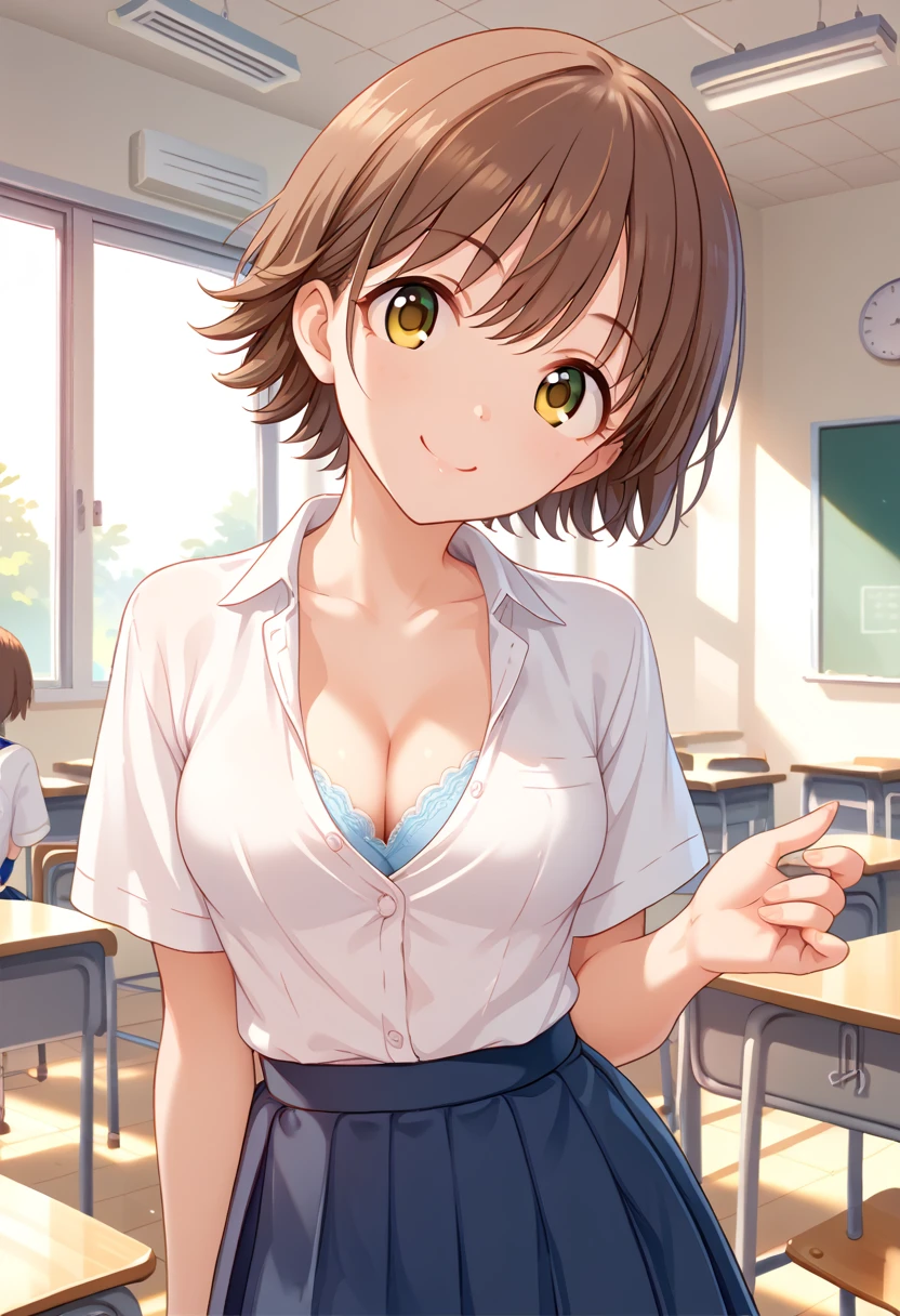 hndmo,short hair, brown hair, yellow eyes, medium breasts,  short brown hair , student,  classroom , cleavage,looking viewer,smile