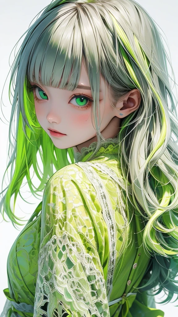     movie poster with a young woman as the protagonist、 (Silver_hair, green_hair,two-tone_hair:1.4)、( long hair :1.2)、(light green clear eyes 1 .3)Glare、   there is a fixed expression on her face  、( white simple background 1   .4)、Rough, With d怒り and tension、 Rear shot 、( short bang :1.3)、(yellow-green lace dress:1.4)、hairにエメラルドのゴージャスなアクセサリー