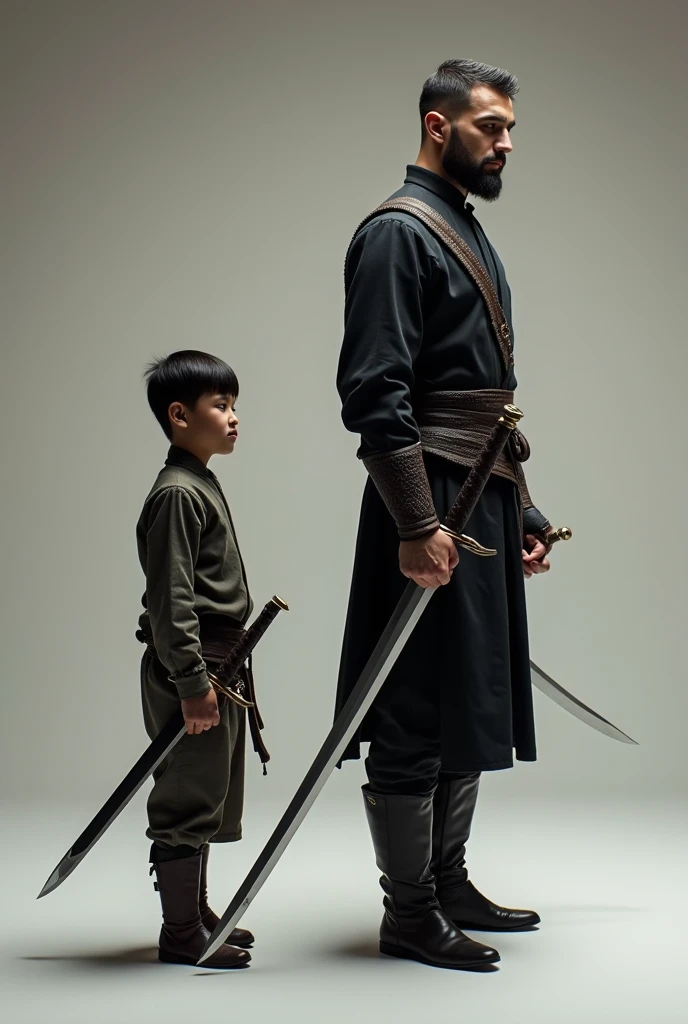 Picture of a boy standing (fronting the camera / standing side by side ) when he was a  and another  a picture of him when he  up holding a two sword one for his right hand and one for the left hand the sword is standing side by side of him.. the  boy should not hold any sword.. make it human not animated