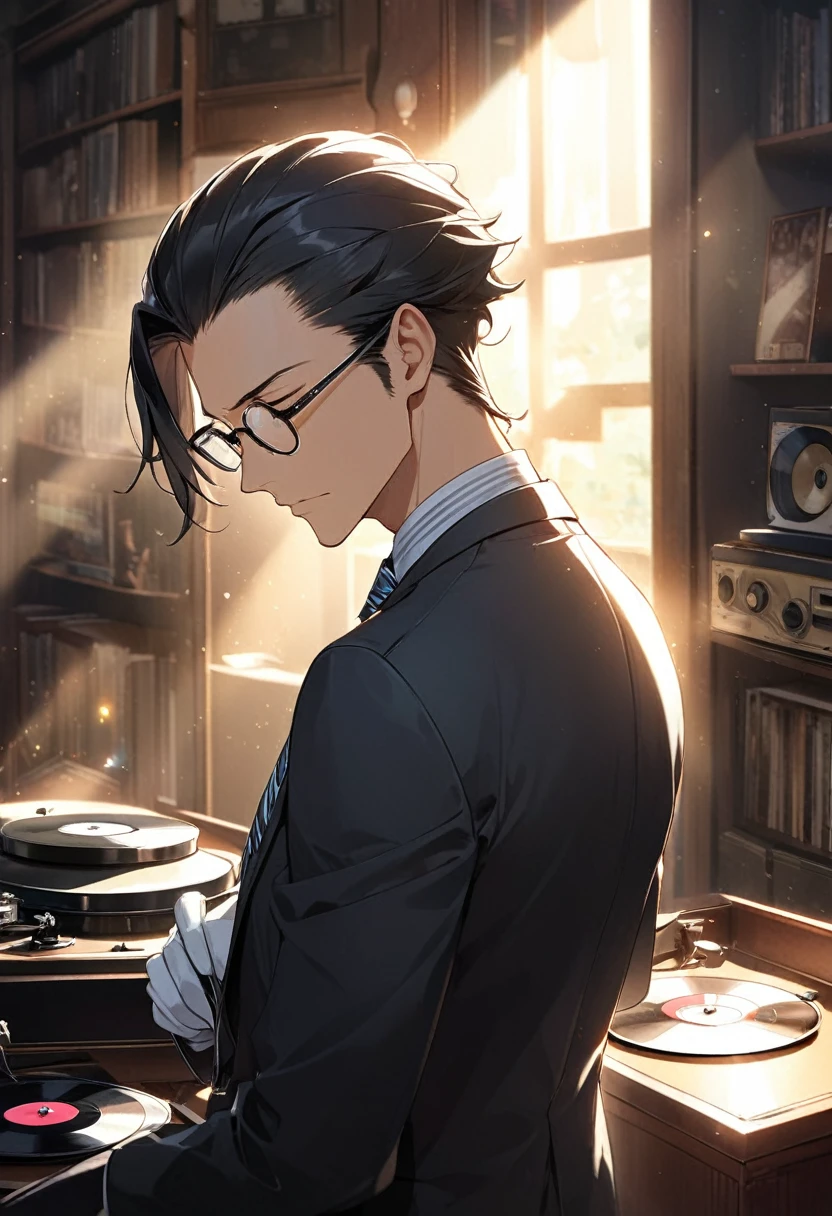 Man with slicked back hair,Mikage Seiya, Alien Life Information Section Chief  , handsome and dandy middle-aged man with black hair all back , The man wears square rimmed glasses  ,  Wearing a Suit and White Forensics Gloves on His Hands  ,  striped tie , Calm and composed expression ,  Intellectual Adult Atmosphere  , Black Rin 々I'm staring at the record player with close eyes ,  Body with Wide Shoulders  , Hairstyle：All back hairstyle with hair pulled back, Alone ,Vintage record player placed in an antique store  , It's illuminated by the sunlight shining into the store((light filter effect , backlight magic effect)) ,  nostalgic ,  EMOTIONAL 