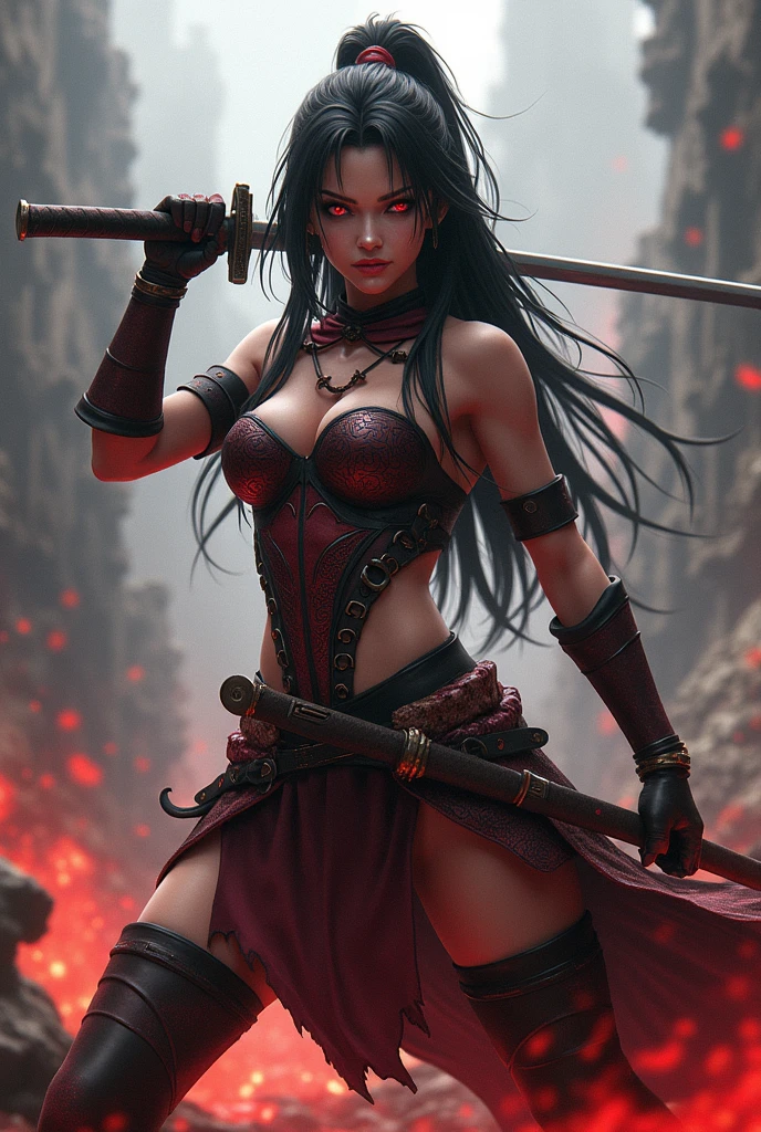 girl, Rotten Zombie Warrior, Evil look, sexy, Wield a spear, Demon Armor, Face Paint, Body Paint, Red glowing eyes, Combat Stance, Vibrant appearance, Creative Action, Imaginative, Sensual, Voluntary, Highest quality, Skin Texture, Intricate details, (Cinema Lighting), RAW Photos, 8k
