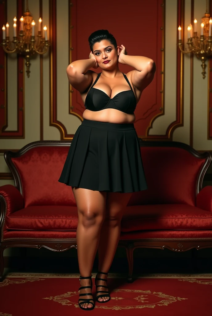 Curvy 50-year-old with short skirt, Bra D full body photo, High-Heels, auf der Wiese,