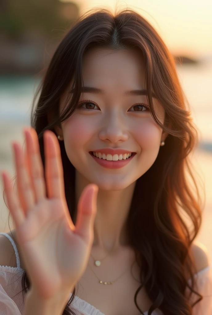 highest quality、pretty girl、(brown hair:1.2)、looking at the viewer、Spiteful eyes、smile、The whole body is reflected、raise your hands and rejoice