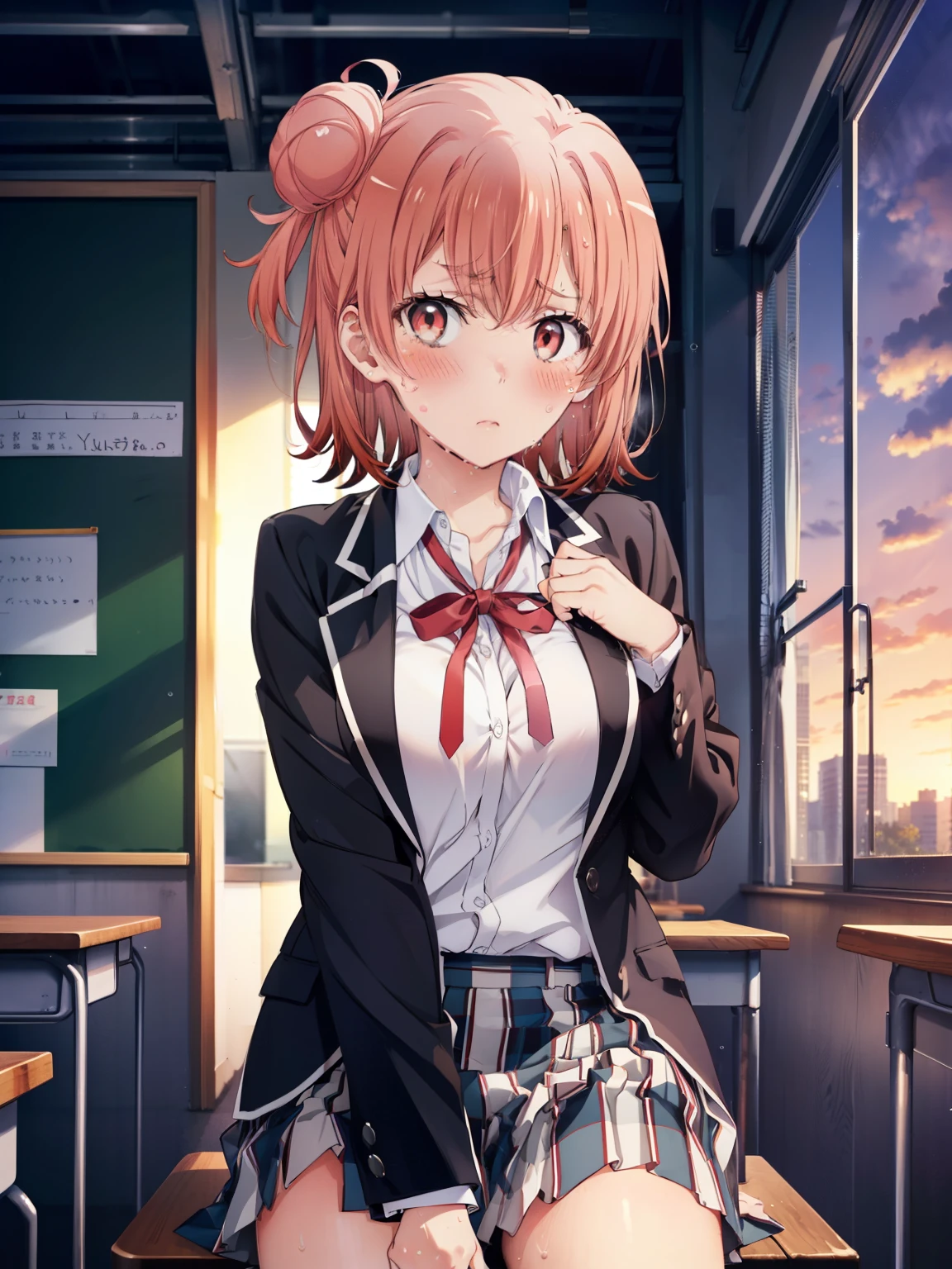 (( best quality,  high definition ,   perfect pixels,  4K)),  (Beautiful anime),  depth of field、
 watching viewers , 
 perfect body, 

 Yuigahama Yui,  bun hair,  Shorthair,　(Big Breasts:1.3)、
short hair, single hair bun, 
neck ribbon, white shirt, dress shirt, blazer, black jacket, open jacket, long sleeves, plaid skirt、

(blush、sweat:1.5)、

 School Classroom、sunset、
 open legs、