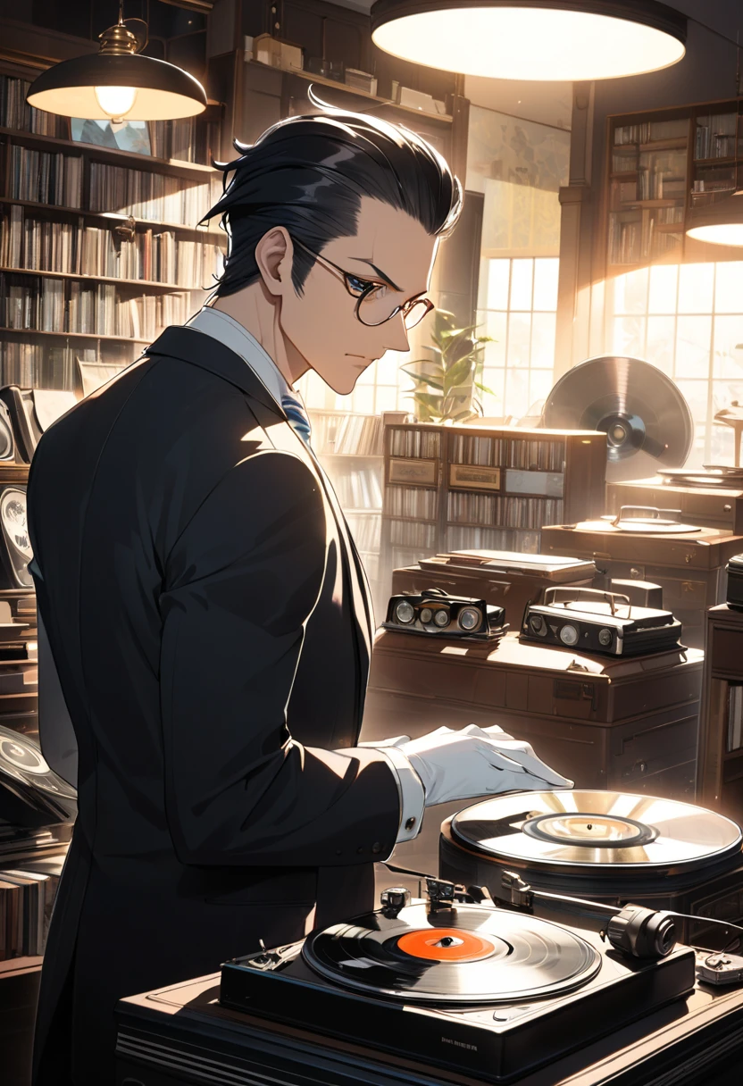 Man with slicked back hair,Mikage Seiya, Alien Life Information Section Chief  , handsome and dandy middle-aged man with black hair all back , The man wears square rimmed glasses  ,  Wearing a Suit and White Forensics Gloves on His Hands  ,  striped tie , Calm and composed expression ,  Intellectual Adult Atmosphere  , Black Rin 々I'm staring at the record player with close eyes ,  Body with Wide Shoulders  , Hairstyle：All back hairstyle with hair pulled back, Alone ,Vintage record player placed in an antique store  , It's illuminated by the sunlight shining into the store((light filter effect , backlight magic effect)) ,  nostalgic ,  EMOTIONAL 