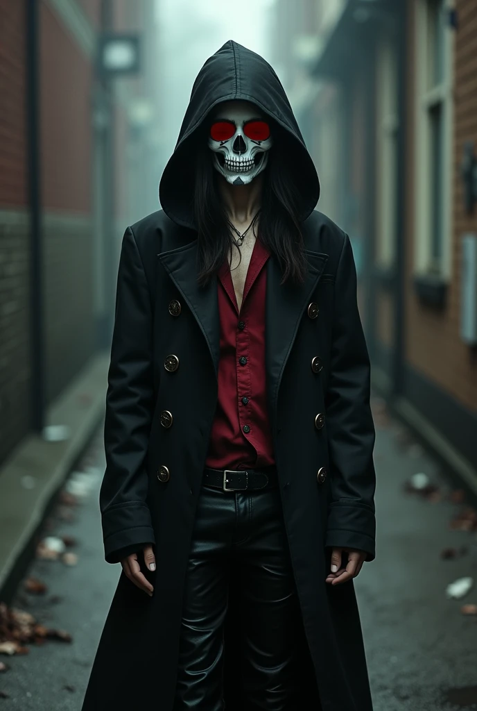 A sexy young male with delicate facial features, black long hair, teal blue eyes, wearing a scary mask. Wearing full Gothic clothes. Holding a knife in his hand. He's wanted a serial killer. (((No facial or body hair))) (Male) (Black and red)