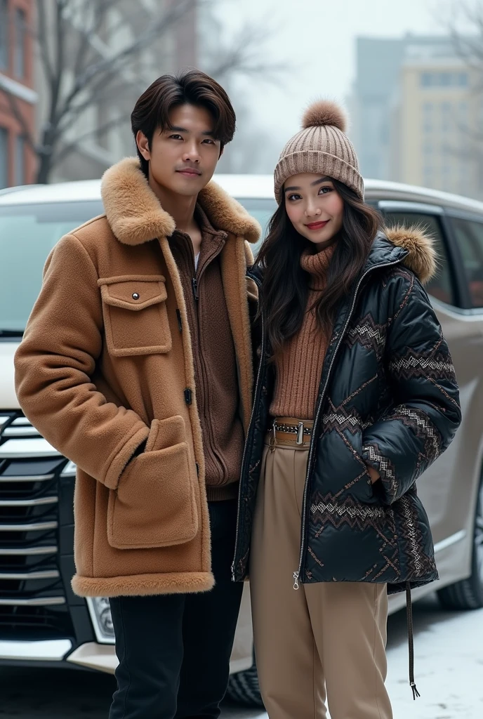 Seoasang kekasih romantis seorang lelaki tampan berambut hitam pakai pakaian jaket tebal berbulu, di sampingnya ada pacarnya wanita cantik berambut hitam sedang memeluk lelaki tersebut