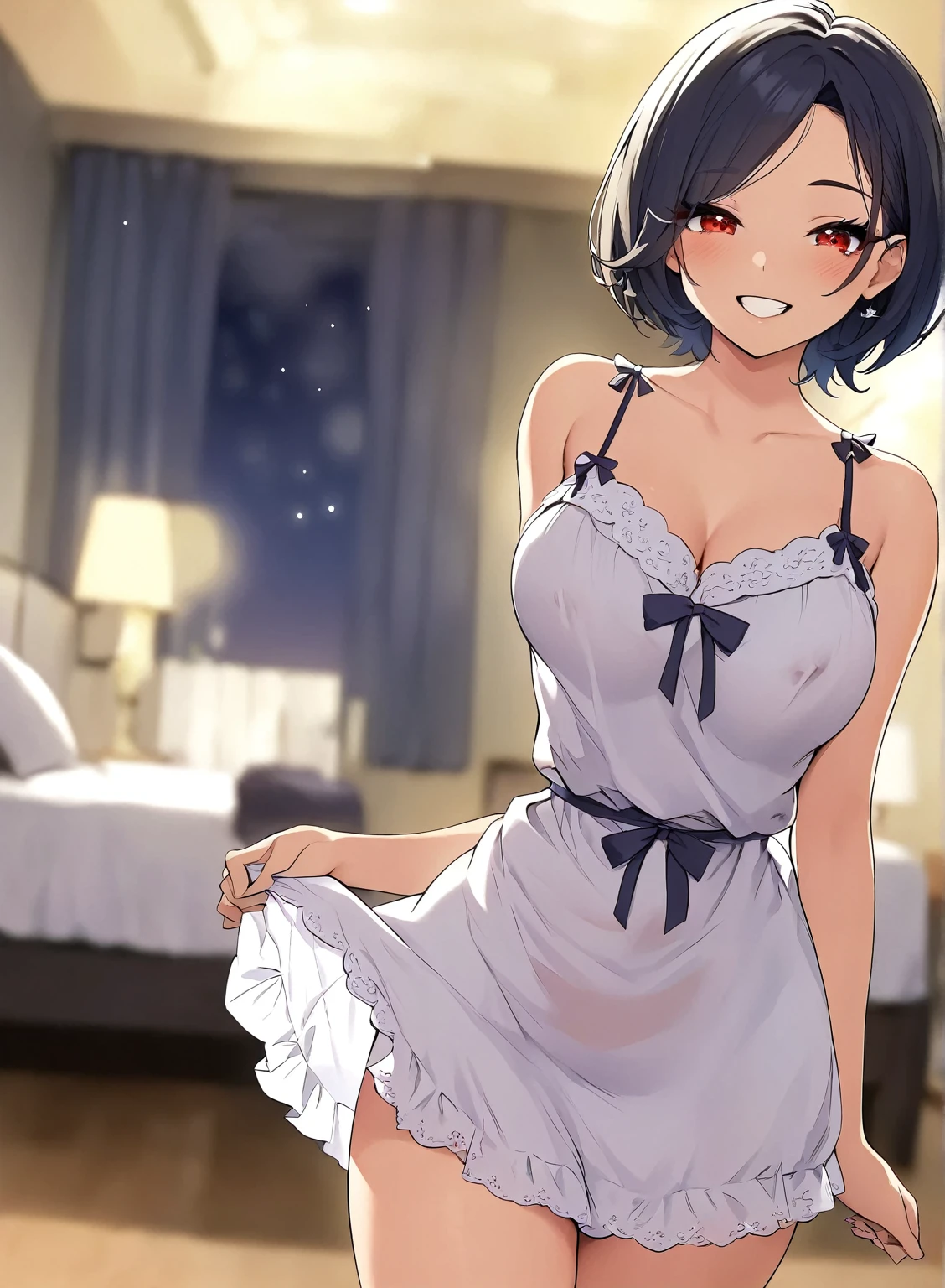 masterpiece, best quality, ultra detailed, ultra high resolution, very detailed face, solo, ((anime)), 20 years old girl, (((waitress uniform))), ((no bra, cleavage of the breast)), ((darkbrown short hair)), (((large breast))), ((little smile)), ((in the hotel room))