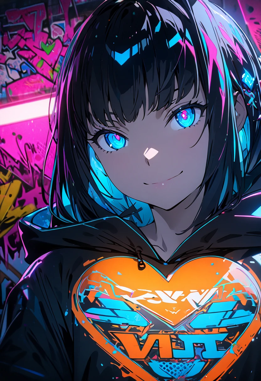 masterpiece,  best quality, 8k, detailed background, masterpiece,  best quality, smile,  ornament with yam,  HOODIE, Portraiture, Neon Blue, graffiti, dark, night, Shining Eyes,  Black Light,Luminous Valentine