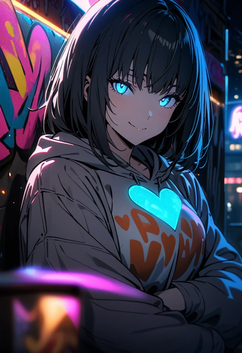 masterpiece,  best quality, 8k, detailed background, masterpiece,  best quality, smile,  ornament with yam,  HOODIE, Portraiture, Neon Blue, graffiti, dark, night, Shining Eyes,  Black Light,Luminous Valentine