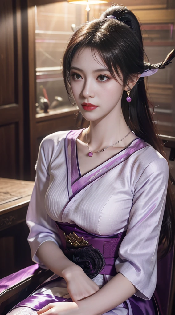 1 Beauty in Hanfu, Thin purple silk shirt, Variety of textures, White lace blouse, Platinum purple long ponytail, hair accessories, earring, light purple rabbit ears, Necklaces and Necklaces, Carefully drawn big purple eyes, Detailed makeup, thin eyebrows, high nose, cute red lips, no smile, purse lips, red face, broad chest, big breasts , Well-proportioned breasts, slim waist, Purple fishnet stockings, Chinese Hanfu style, fictional art texture, The colors are vivid and true to life, original photo, Realistic photos, Ultra-high quality 8k hyper-realistic photos, (Effective fantasy lighting effects: 1.8), 10x pixels, magic effect (background): 1.8), super detailed eyes, Girl body portrait,  solo girl , Ancient Hanfu background,