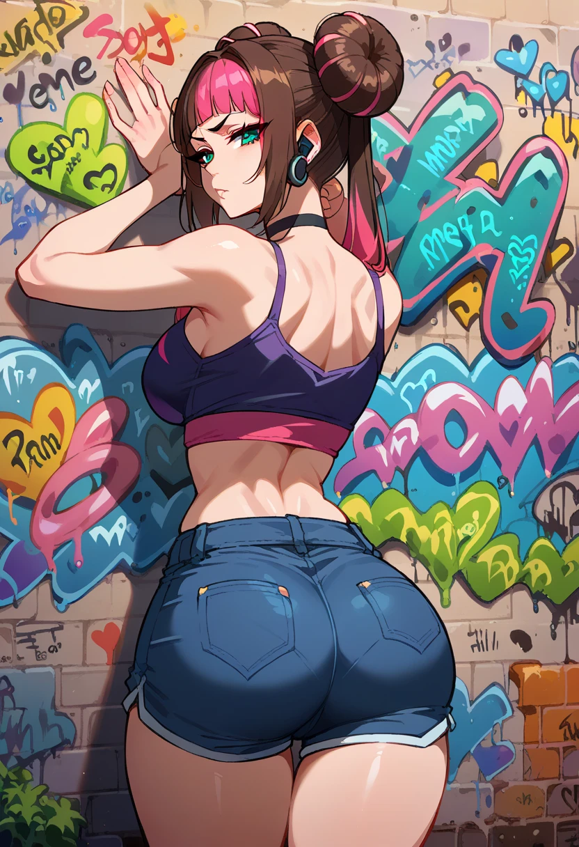 masterpiece,  best quality ,  beautiful 25-year-old woman ,  long hair , (mature face:1.4), [1mulher, Alone, crop top, shorts de ganga,  choker, (from behind:1.4), in this aprumada,  thick thighs ,  thin waist , (graffiti:1.5),  de Juri Han,  arms back , against the wall,  Looking at the viewer, clamp, thigh brace , body paint,  head tilt, bored, multicolored hair (rosa, blue),  aqua eyes ,  earphone