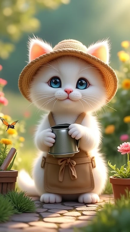 "A cat named Whiskers watering plants in a garden."