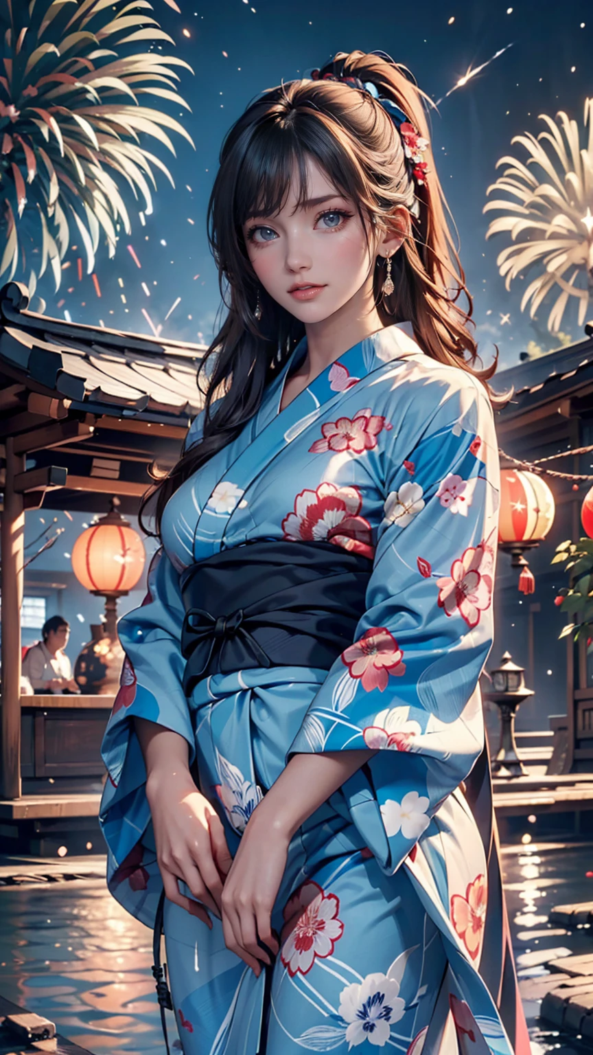 ((masterpiece,  best quality,  Ultra High Definition,  high definition)), Alone,  beautiful girl, Sparkling Eyes, Perfect Eyes, , Blue Theme, Yukata, fireworks