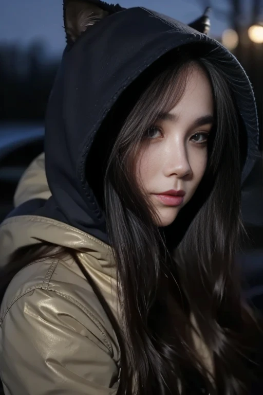 Dark style, nice perfect face with soft skin, really young beautiful girl , cool style, long dark hair, blue cat hood, cat pet, cats, night