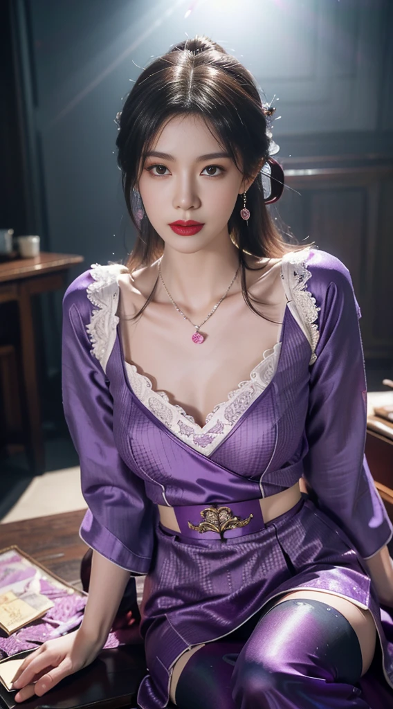 1 Beauty in Hanfu, Thin purple silk shirt, (Cleavage), Variety of textures, White lace blouse, Platinum purple long ponytail, hair accessories, earring, light purple rabbit ears, Necklaces and Necklaces, Carefully drawn big purple eyes, Detailed makeup, thin eyebrows, high nose, cute red lips, no smile, purse lips, red face, broad chest, big breasts , Well-proportioned breasts, slim waist, Purple fishnet stockings, Chinese Hanfu style, fictional art texture, The colors are vivid and true to life, original photo, Realistic photos, Ultra-high quality 8k hyper-realistic photos, (Effective fantasy lighting effects: 1.8), 10x pixels, magic effect (background): 1.8), super detailed eyes, Girl body portrait,  solo girl , Ancient Hanfu background,