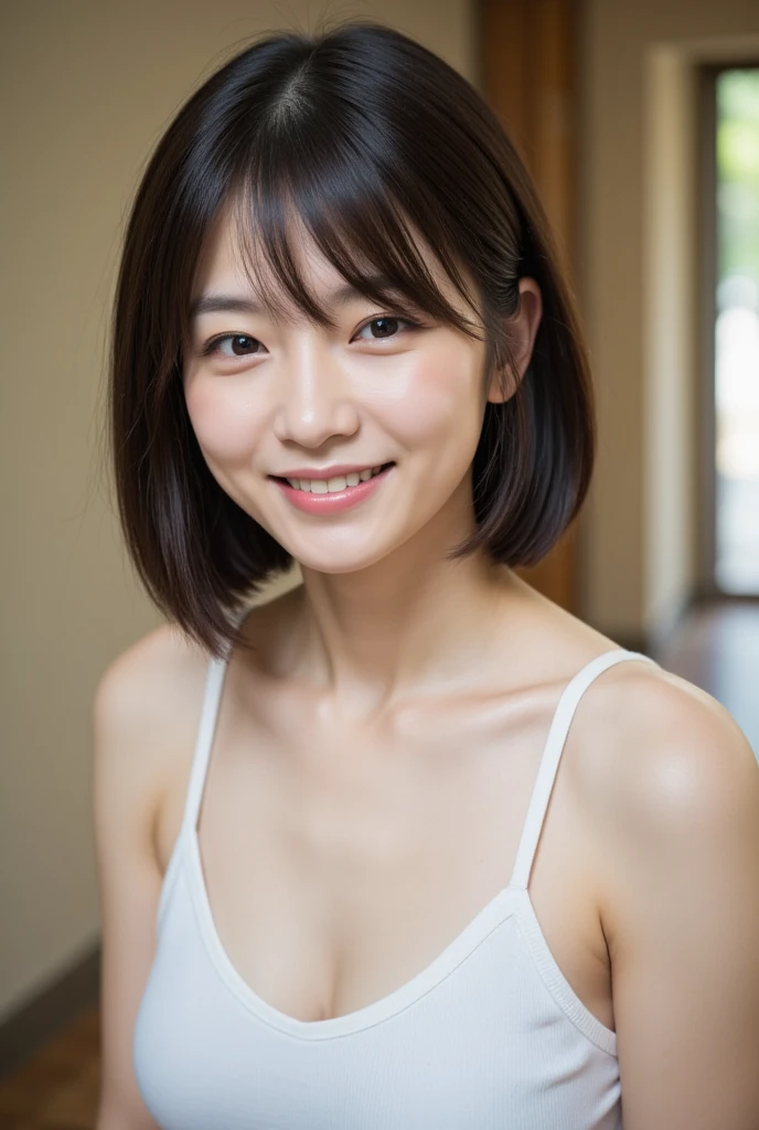  high definition ,  high detail ,  high definition, High Quality ,  very detailed ,  Ultra High Definition, bangs,  shortcuts, (smile),  hude Breasts ,  portrait photography,  realism, japanese, realistic, beautiful girl, high school student, short hair, upper body, bobcut, {open mouth}