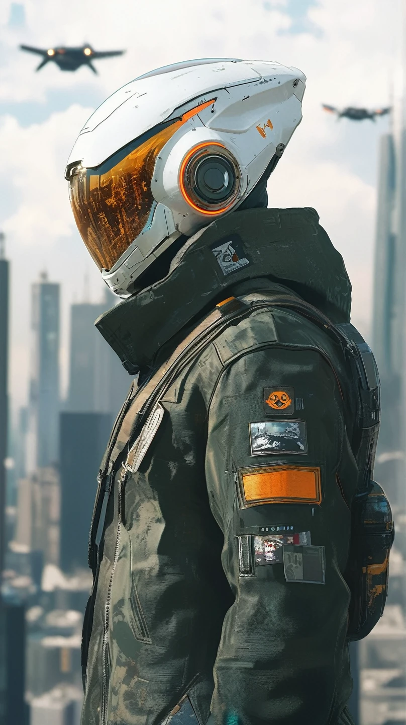 there is a man wearing a helmet and jacket with a plane in the background, hq 4k wallpaper, cyberpunk suit, craig mullins style, wojtek fus, hyper-realistic cyberpunk style, master chief in cyberpunk city, cyberpunk soldier, 8k high detail concept art, sci - fi suit, cinematic beeple, hq 4k phone wallpaper, muted cyberpunk style
