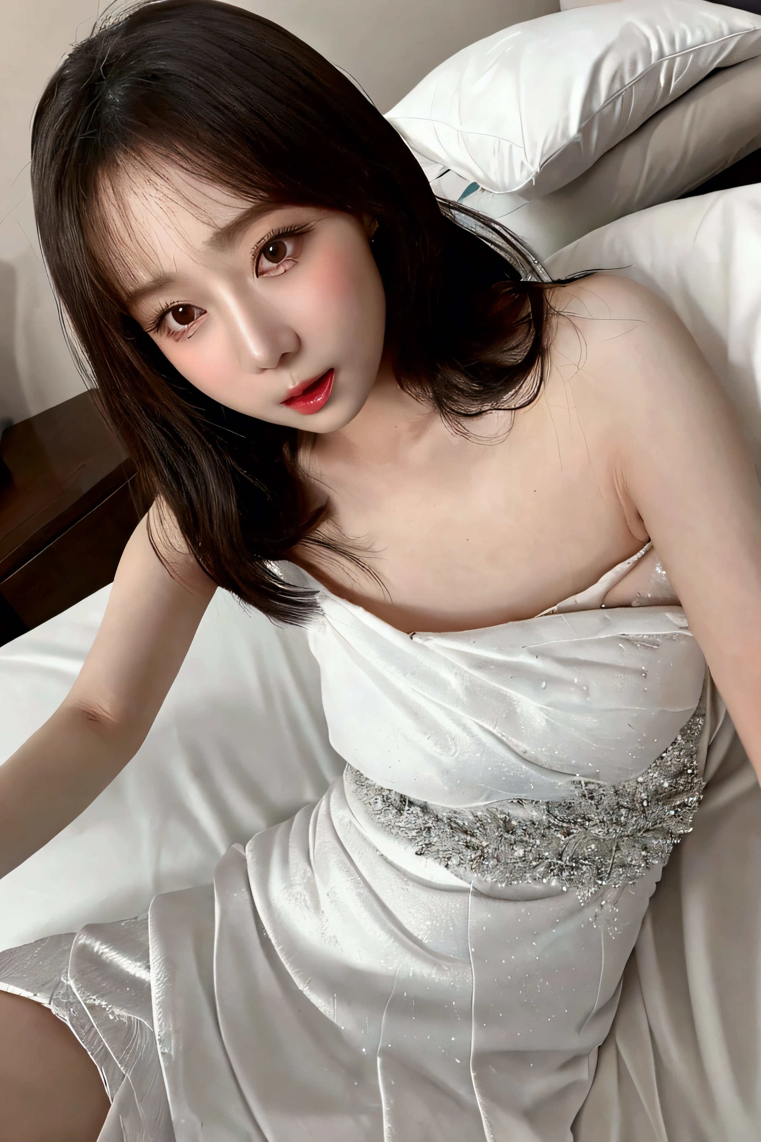  A beautiful woman in her 50s who looks at me, White dress ,  sexually horny, 나를 쳐다보는, lying on the bed, legs wide open, High quality,  Detailed Face , Detailed eyes, Detailed Mouth, Erotic