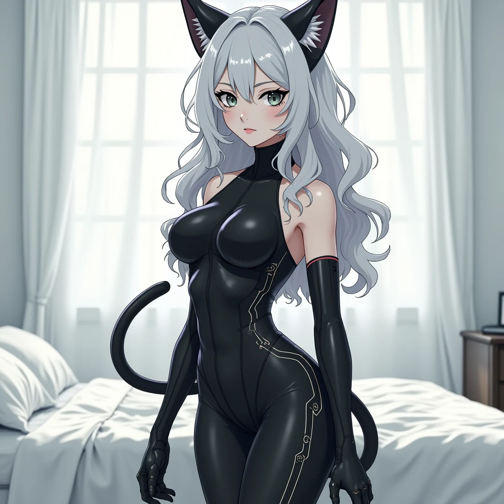 Masterpiece, (Photorealistic: 1.4), Top Quality, Beautiful Lighting, (ulzzang-6500:0.5), (Gray Hair) + (Long Hair) + (Bangs), Purple Eyes, Glowing Eyes, Cat Suit, Kemono, Chemo Ears, Cat Man, Beastman, (Cat Girl), Cat Ears, (), Cleavage Exposed, Big, Full Body with Dense Fur, Long Tail, Detailed Neon, RAW Photos, 8k UHD, Film Grain