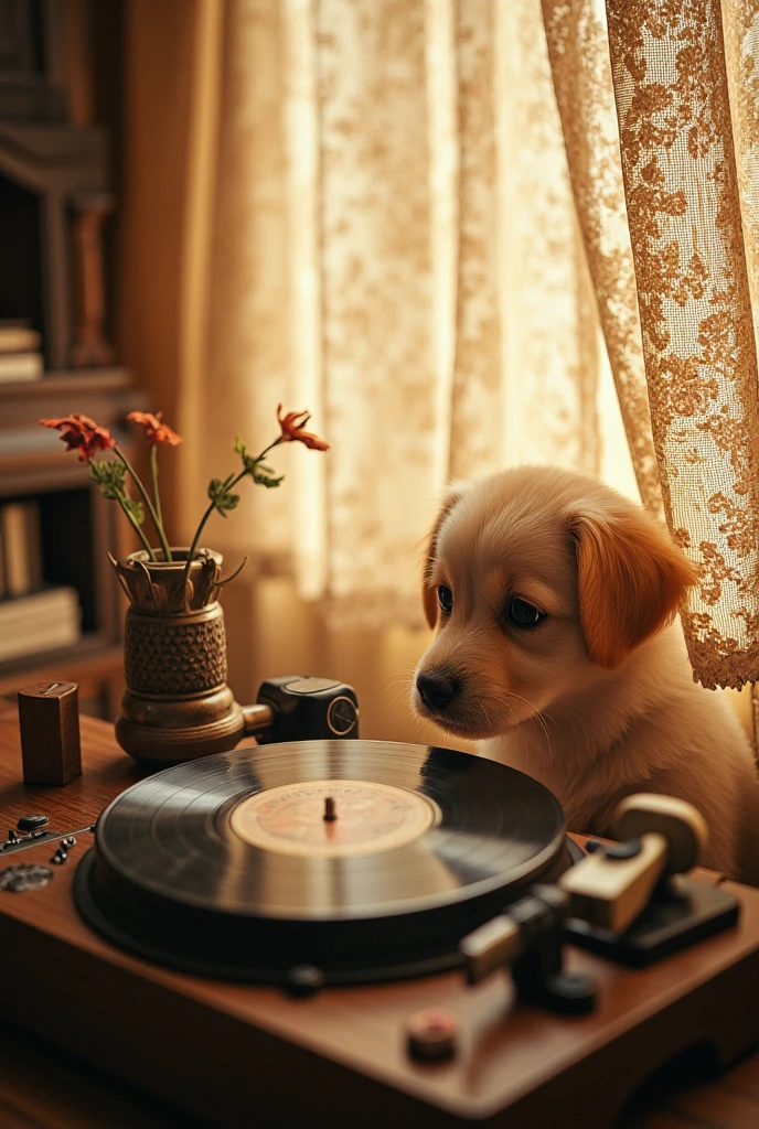  can be seen through the light、 Record player in front of a cute puppy、 Vintage 、antique、Sound that can be handed over、 Comfortable Sound 、 high definition 、 Image of an antique lace curtain swaying warmly