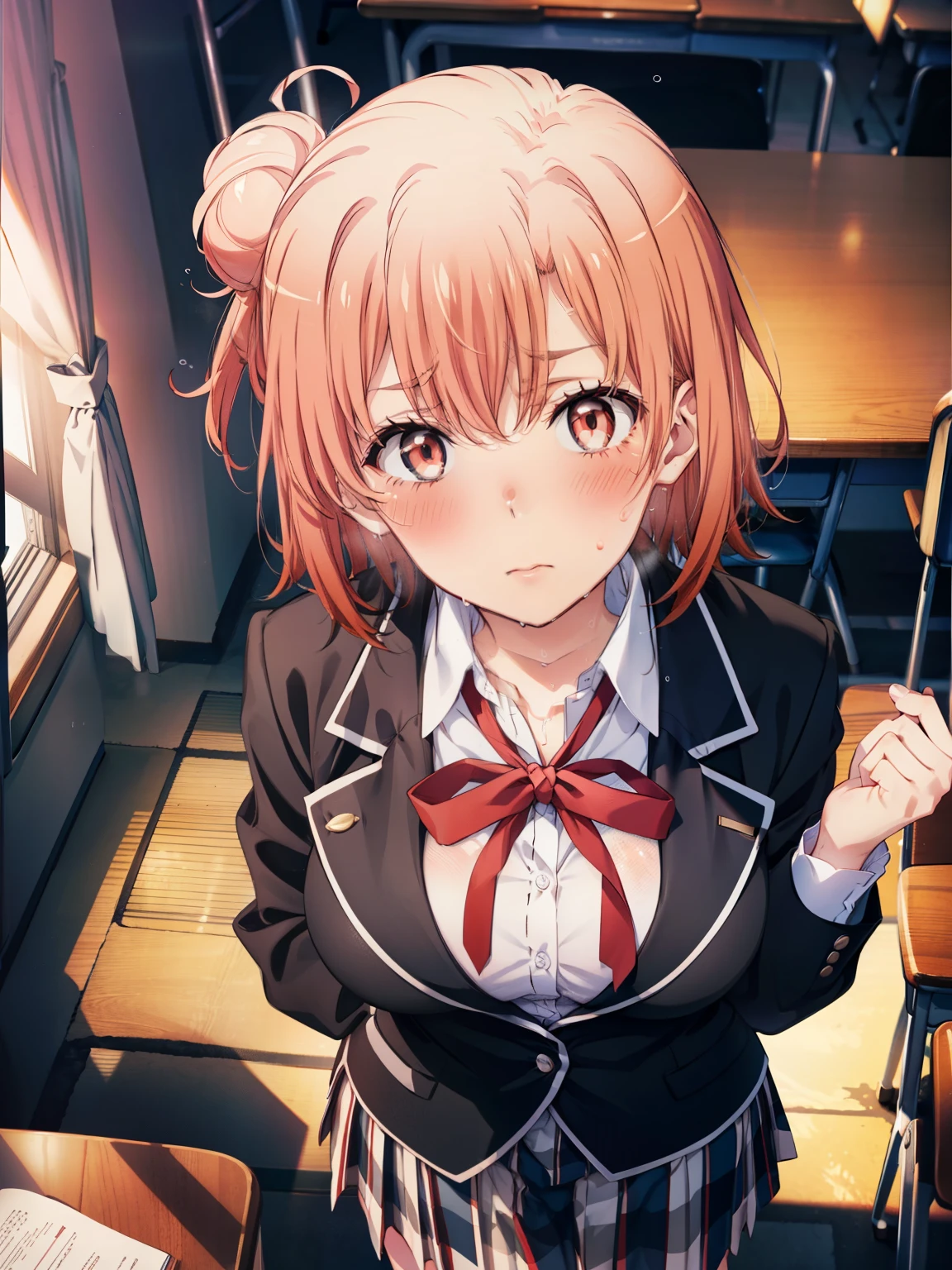 (( best quality,  high definition ,   perfect pixels,  4K)),  (Beautiful anime),  depth of field、
 watching viewers , 
 perfect body, 

 Yuigahama Yui,  bun hair,  Shorthair,　(Big Breasts:1.5)、
short hair, single hair bun, 
neck ribbon, white shirt, dress shirt, blazer, black jacket, open jacket, long sleeves, plaid skirt、

(blush、sweat、 from above:1.5)、

 School Classroom、sunset、
