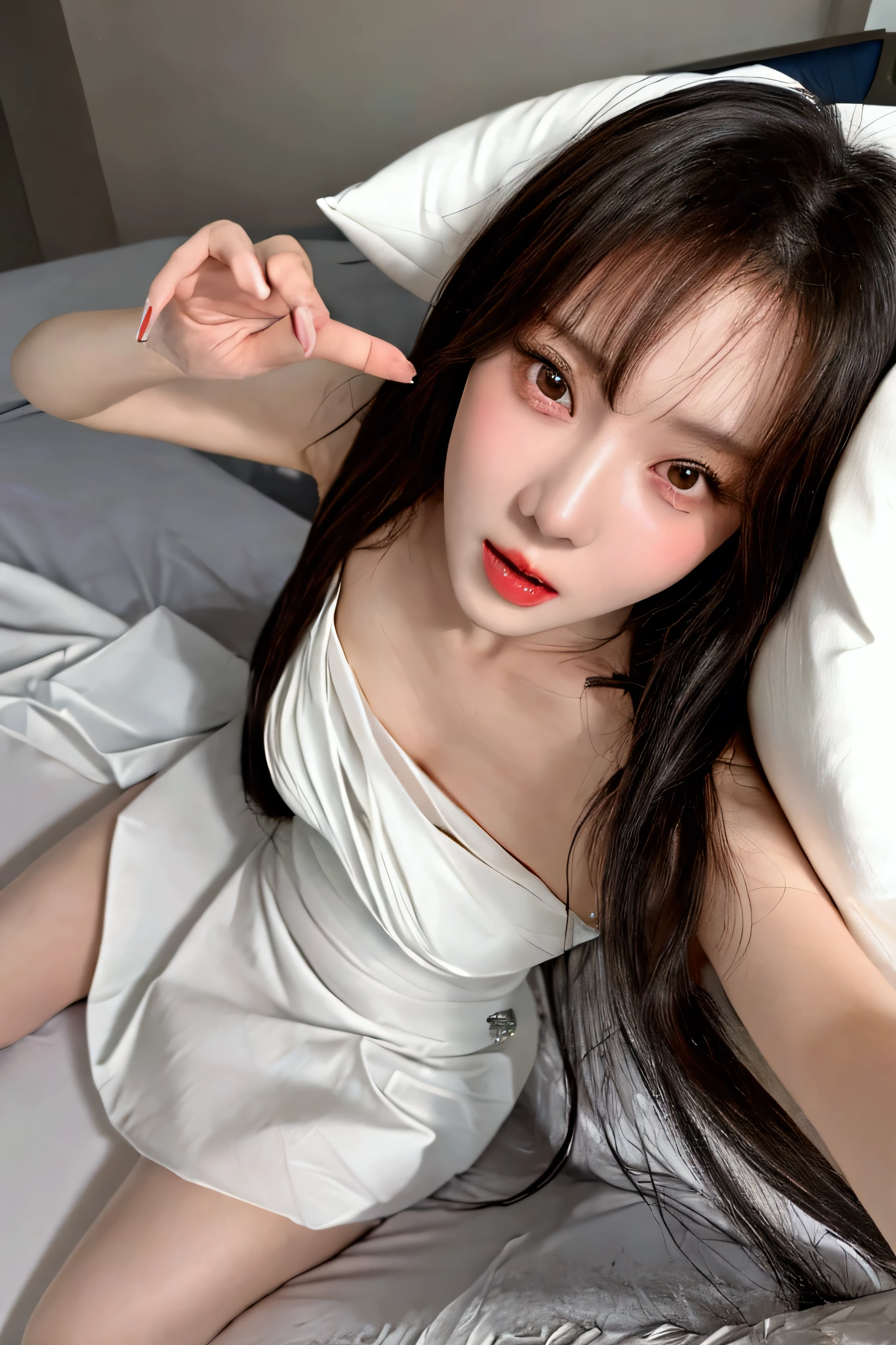  A beautiful woman in her 50s who looks at me, White dress ,  sexually horny, 나를 쳐다보는, lying on the bed, legs wide open, High quality,  Detailed Face , Detailed eyes, Detailed Mouth, Erotic, Full body view