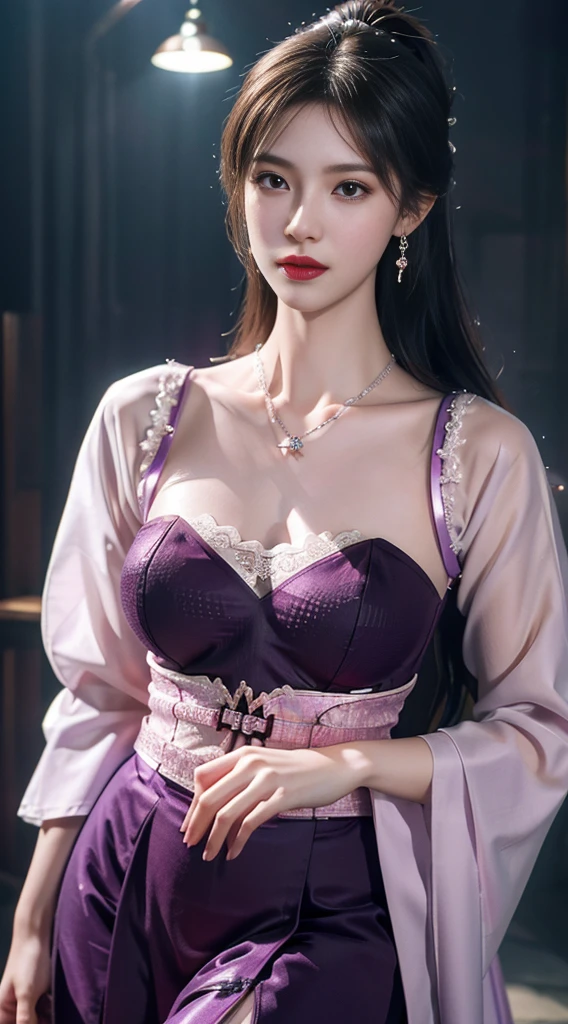 1 Beauty in Hanfu, Thin purple silk shirt, (Cleavage), Variety of textures, White lace blouse, Platinum purple long ponytail, hair accessories, earring, light purple rabbit ears, Necklaces and Necklaces, Carefully drawn big purple eyes, Detailed makeup, thin eyebrows, high nose, cute red lips, no smile, purse lips, red face, broad chest, big breasts , Well-proportioned breasts, slim waist, Purple fishnet stockings, Chinese Hanfu style, fictional art texture, The colors are vivid and true to life, original photo, Realistic photos, Ultra-high quality 8k hyper-realistic photos, (Effective fantasy lighting effects: 1.8), 10x pixels, magic effect (background): 1.8), super detailed eyes, Girl body portrait,  solo girl , Ancient Hanfu background,