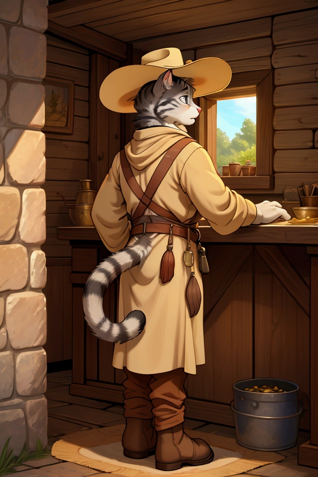 (very detailed illustration: 1.2), best quality, masterpiece, solo, natural lighting, a young cat boy, wearing medieval era merchant clothes, he has fur all over his body, his fur is brown with white, he has a dagger on his right waist, he is in his own market stall, he is in a big city, he sells medicinal herbs at his stand.