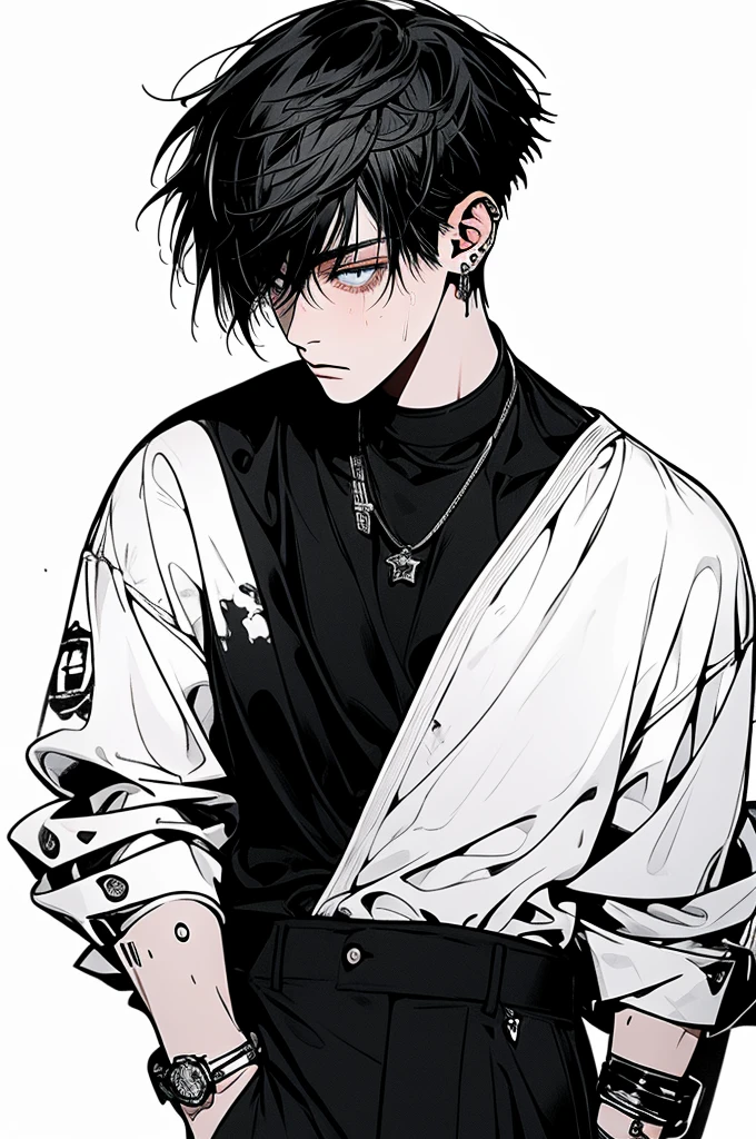 emo boy,one side bang longer than the other,black hair,tired eyes,black eyes,black shirt,wristbands,choker around neck,attractive,young man,boy,solo,teenager,monochrome,lip piercing,ear piercing,messy hair,tall