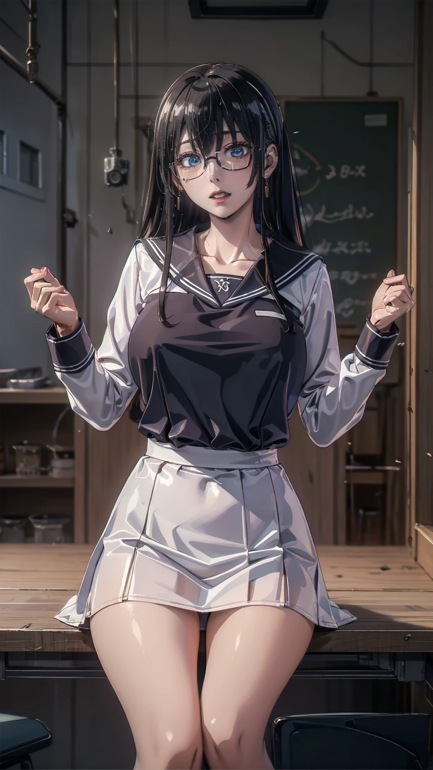 ,School classroom background.Intellectual beauty,  Ivory Shiny Silky Slightly Disheveled Wavy Half Up,  hair clips, compensate, Grace, dignity,  Attractive blue eyes, Glasses, Laugh like a mischievous ,  happy , shy, Curvaceous,  Wearing a Black Business Suit and Miniskirt , Open-collar white shirt,  earrings for a woman alone,  Necklaces ,  Sitting in the Break Room Relaxing , BREAK Various effects,  Delicate and Dynamic Textures ,  light and dark contrast , 2.5D,  Artistic Photo ,  surreal,  Digital Graphic CG , Break Super Details, Absolute determination,  best quality
