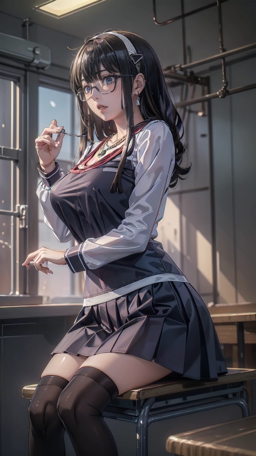 ,School classroom background.Intellectual beauty,  Ivory Shiny Silky Slightly Disheveled Wavy Half Up,  hair clips, compensate, Grace, dignity,  Attractive blue eyes, Glasses, Laugh like a mischievous ,  happy , shy, Curvaceous,  Wearing a Black Business Suit and Miniskirt , Open-collar white shirt,  earrings for a woman alone,  Necklaces ,  Sitting in the Break Room Relaxing , BREAK Various effects,  Delicate and Dynamic Textures ,  light and dark contrast , 2.5D,  Artistic Photo ,  surreal,  Digital Graphic CG , Break Super Details, Absolute determination,  best quality
