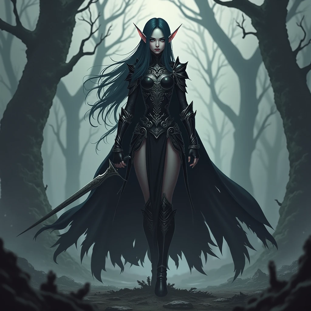 (Obra prima), melhor qualidade, Dark female elf, maligna, demoniaca, corrompida pelas trevas, linda, cara bonita, corpo bonito, cabelos pretos, usando armadura, walking towards the viewer, em noite de lua de sangue(lua vermelha) 8k, extremamente detalhado, ultra realistic