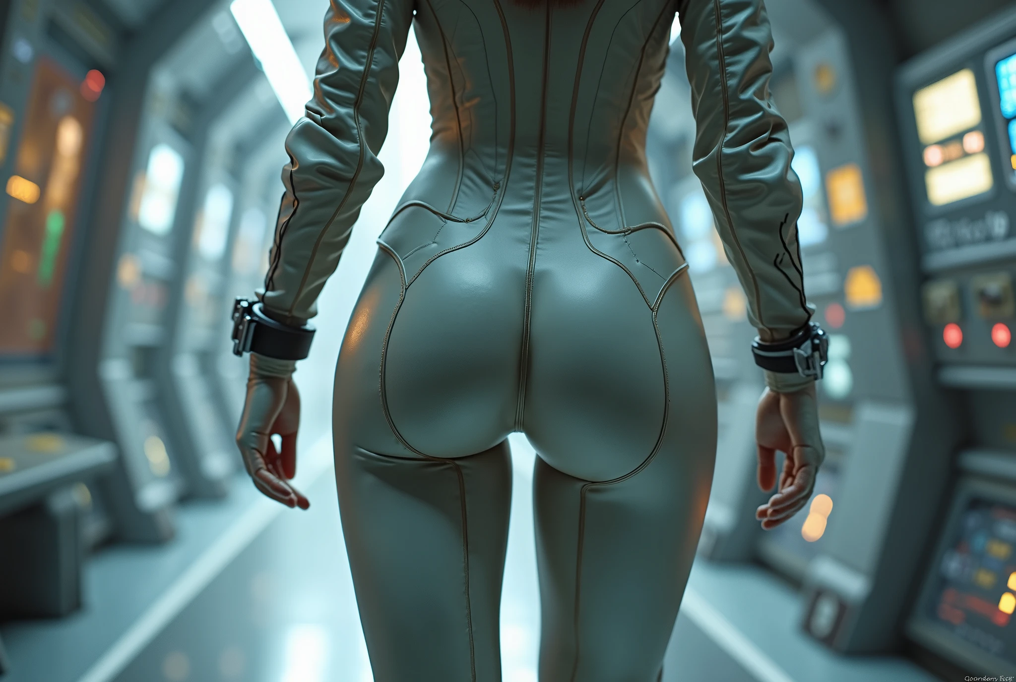  (1 tall beautiful Italian girl with a round and large buttocks photographed from behind:1.6), ultra-detailed, vivid colors, strong lighting, close-up shot, body positivity, confident pose, curvy figure, sensual atmosphere, musucular and toned body, futuristic clothing with very high skin exposure, clothing that is almost like a bikini, Voluptuous and glamorous body, seductive and sexy, in futuristic passage inside a huge spaceship, wearing intricated desined erotic cyber bodysuit, Sexy and erotic costumes like Barbarella costume, (radiant beauty),(fashion forward),(cybernetic enhancements),(glowing circuits:1.4), (NSFW:1.5), beautiful abs, beautiful nipples, detailed large obsidian eyes, thick eyebrows, the most beautiful face in the universe, ponytail hairstyle, There aren't any other humans. Her breasts were visible through the translucent bra. Giger, (best quality,4k,8k,highres,masterpiece:1.2),ultra-detailed,(realistic,photorealistic,photo-realistic:1.37),