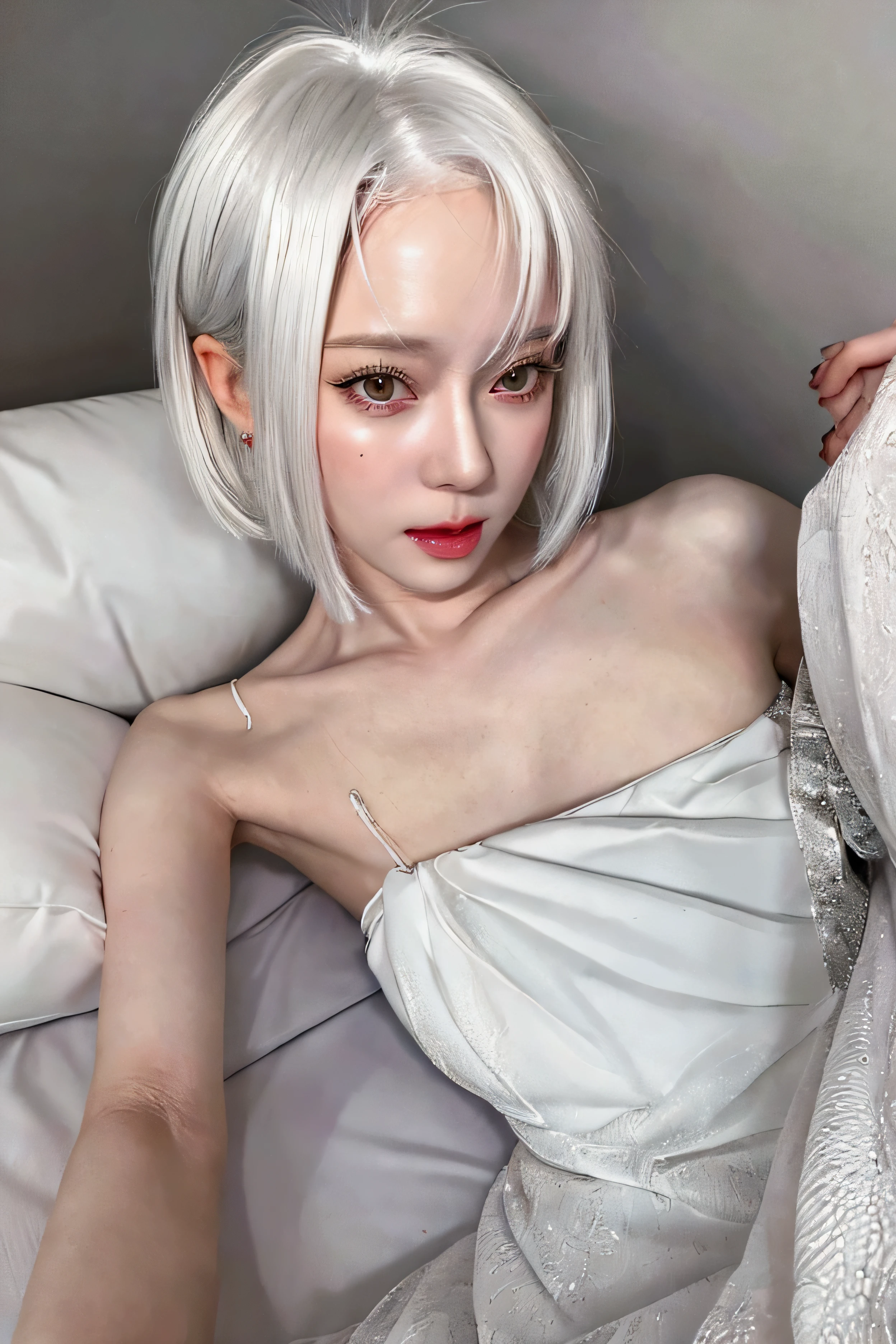  A beautiful woman in her 50s who looks at me, white hair, White dress ,  sexually horny, Staring at me, lying on the bed, legs wide open, High quality,  Detailed Face , Detailed eyes, Detailed Mouth, Erotic, smooth legs, Detailed hands